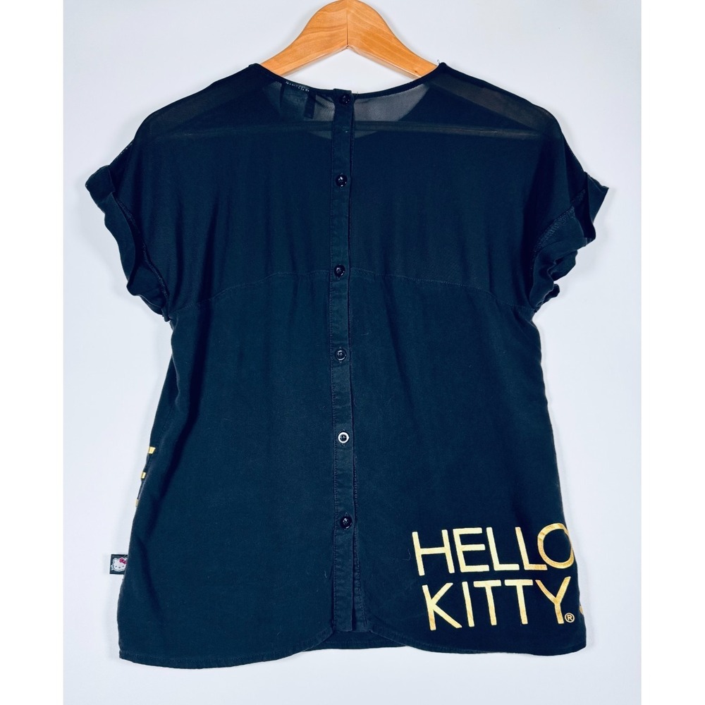 Hello‎ Kitty Sanrio Top Womens Large Black Gold Studded Collar Sheer Button Back - Picture 2 of 12
